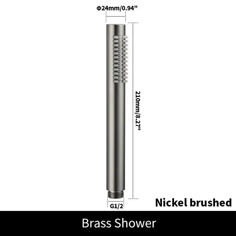 Nickel brushed handheld shower head with 210mm length and 24mm diameter, G1/2 thread
