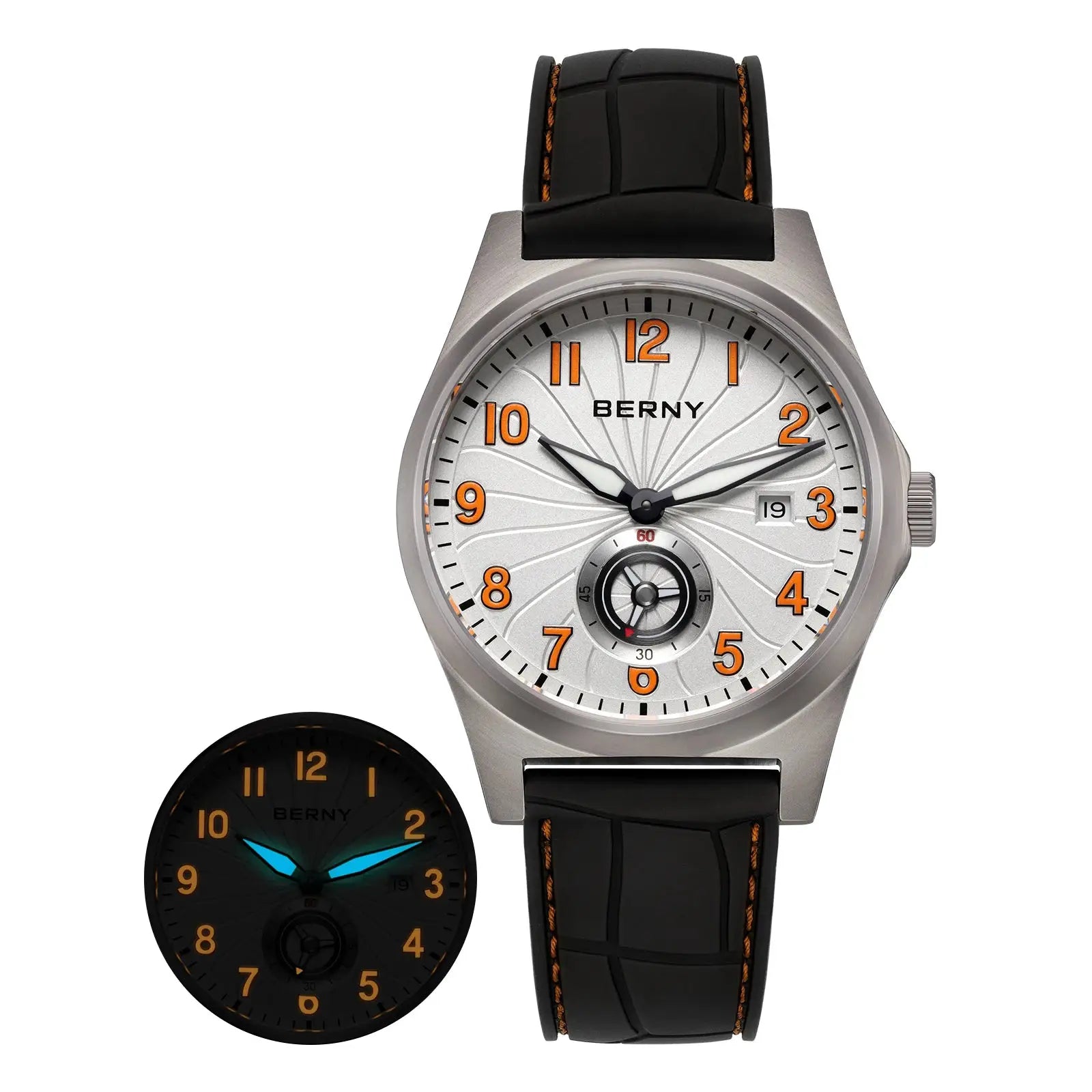 BERNY titanium automatic men’s wristwatch with orange numerals on silver dial and black strap (2 watches shown)