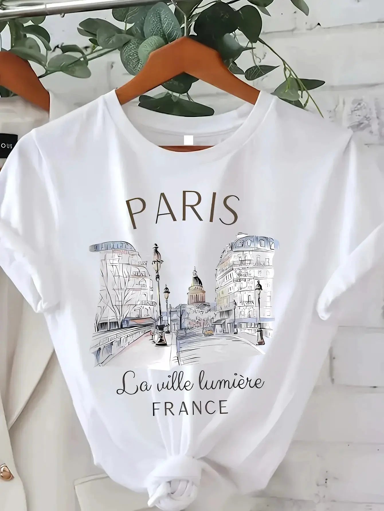 90s Paris Print T Shirt For Women Short Sleeve Crew Neck Casual Top Spring Summer Vintage Tee
