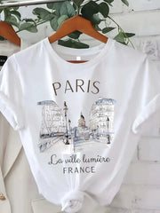 90s Paris Print T Shirt For Women Short Sleeve Crew Neck Casual Top Spring Summer Vintage Tee