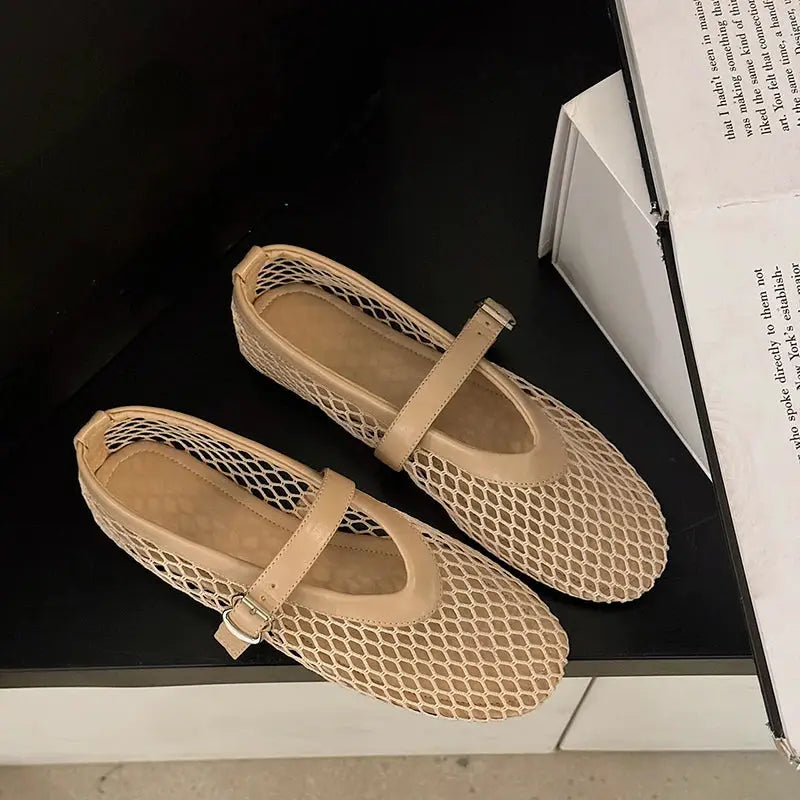 AeroWear Cut Out Mary Jane Flats Breathable Air Mesh Upper With Fishnet Design For All Day Comfort