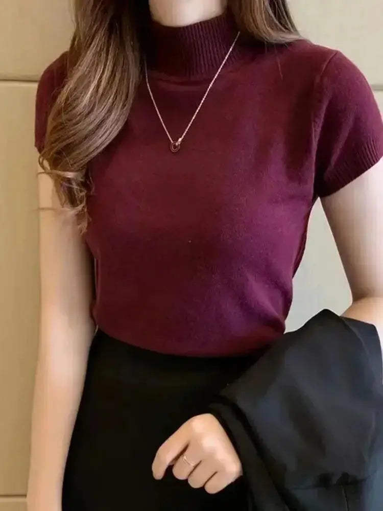 LunaVogue Women Half High Neck Tee Fashion Jumper Lightweight Chiffon Blend Breathable Spring Summer Style
