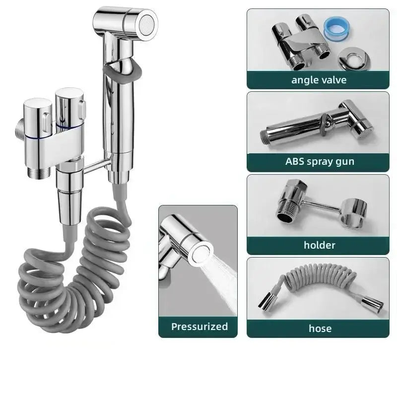 Simples Market chrome bidet sprayer set with coiled hose, wall holder, ABS spray gun and angle valve