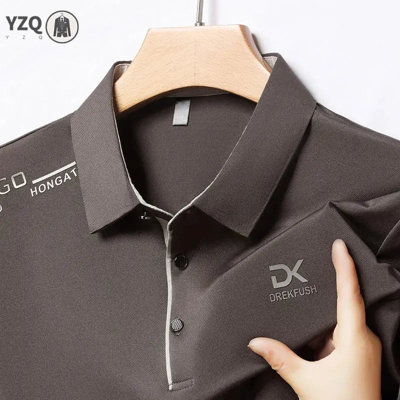 Men's Simples Market short-sleeve business casual polo shirt, charcoal solid with badge logo, breathable fabric