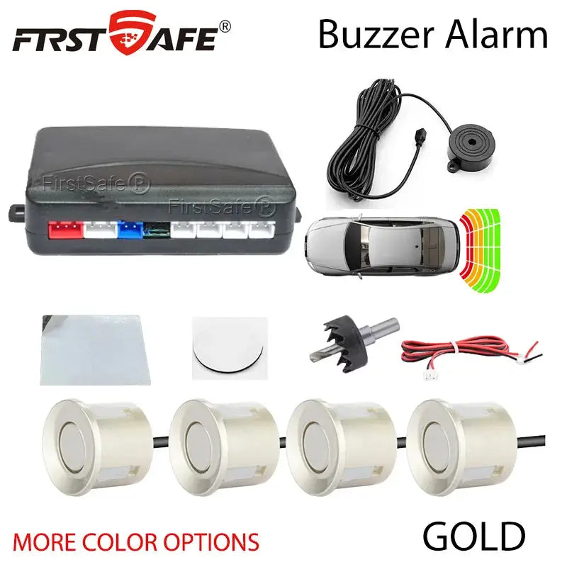 FirstSafe car parking sensor kit with 4 sensors and buzzer alarm, 12V, includes control module and wiring.