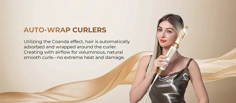7-in-1 auto-wrap curler hair dryer brush by Simples Market, gold-toned with diffuser.