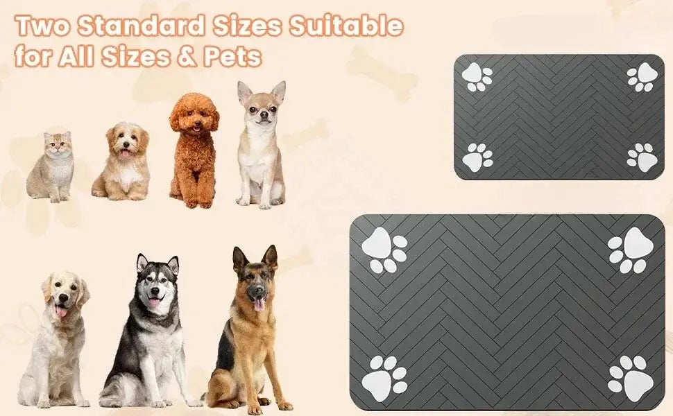 Absorbent Pet Mat by Simples Market, gray waterproof non-slip mats for dog and cat bowls; two sizes shown