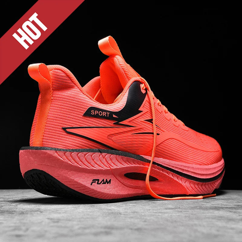 Men's running shoe in neon orange with breathable upper and air-cushion sole by Simples Market