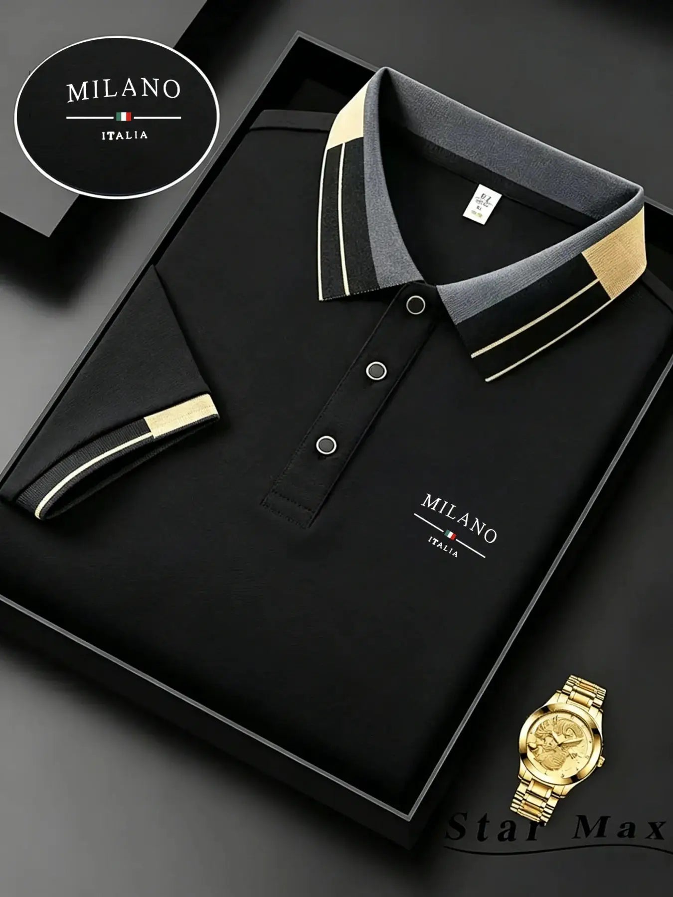 Men's black Milano Italia polo shirt with striped collar and cuffs, 3-button placket