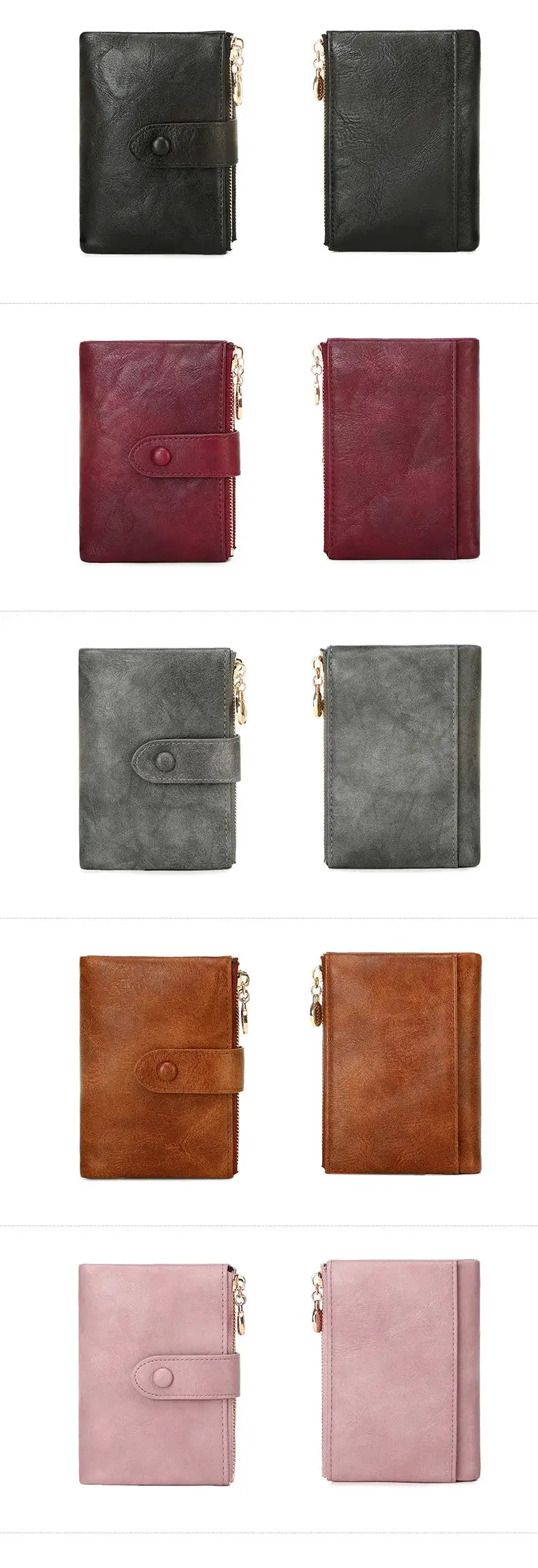 5 Simples Market minimalist women's wallets in black, burgundy, gray, brown and pink (front and back views)