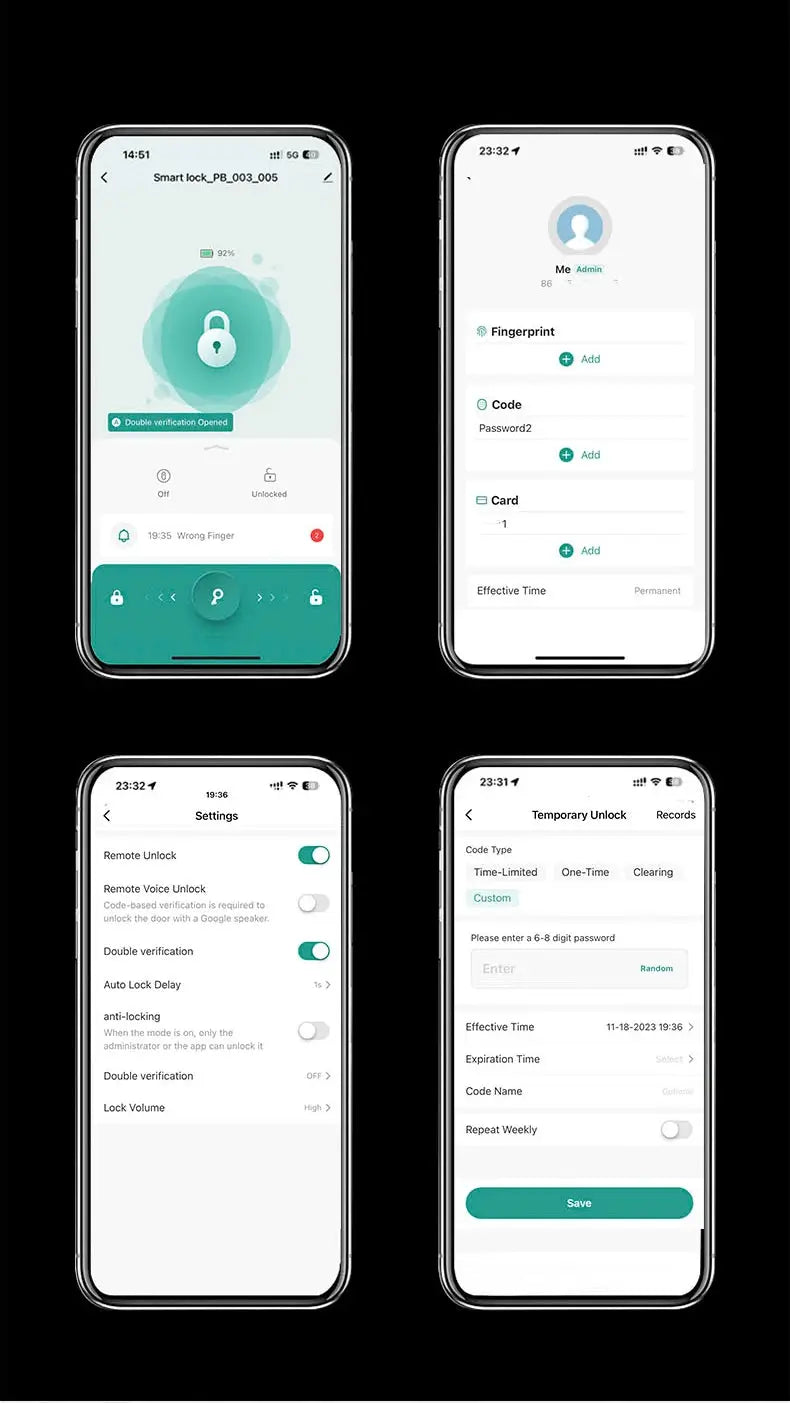 RAYKUBE M5 fingerprint door lock app interface on 4 smartphones; shows fingerprint, code and card unlock (Simples Market)