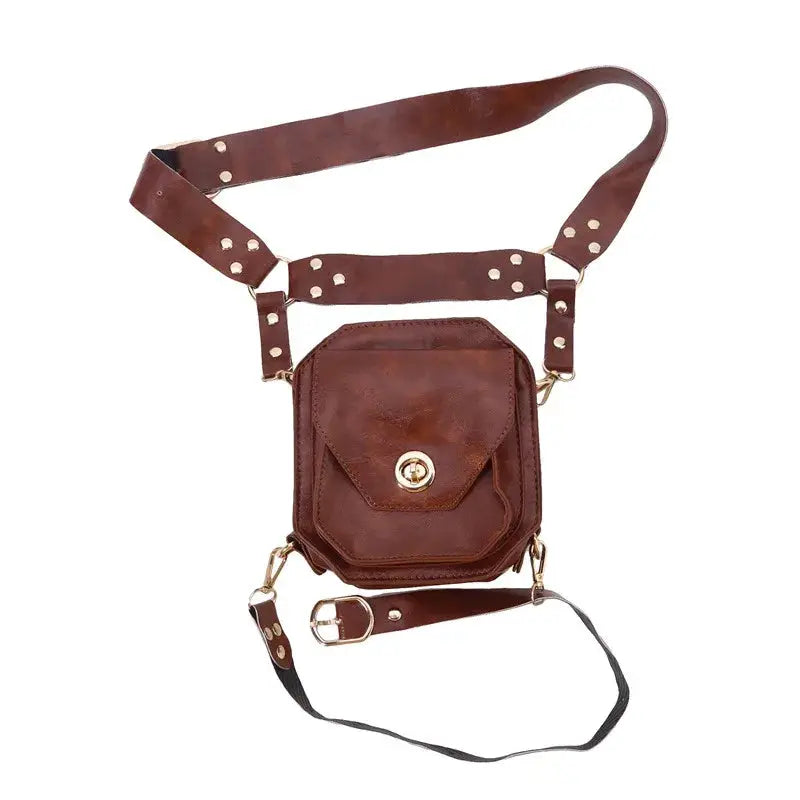 Punk retro PU leather waist bag in brown with square front pocket and gold hardware, adjustable crossbody strap