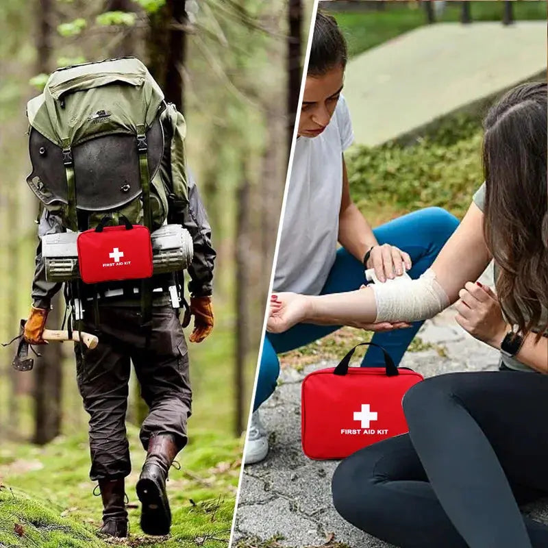 260pcs Deluxe First Aid Kit by Simples Market; red emergency pouches shown on a hiking backpack and near a bandaged arm.