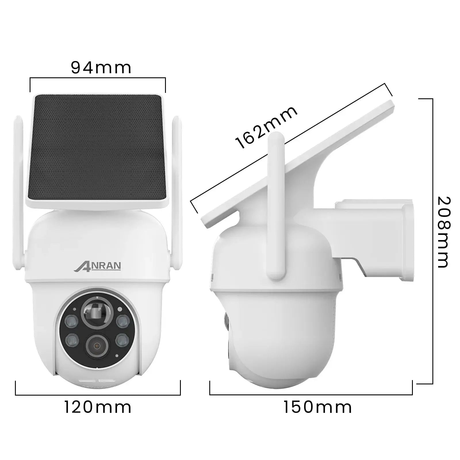 ANRAN solar security camera, white with black solar panel and dual antennas.