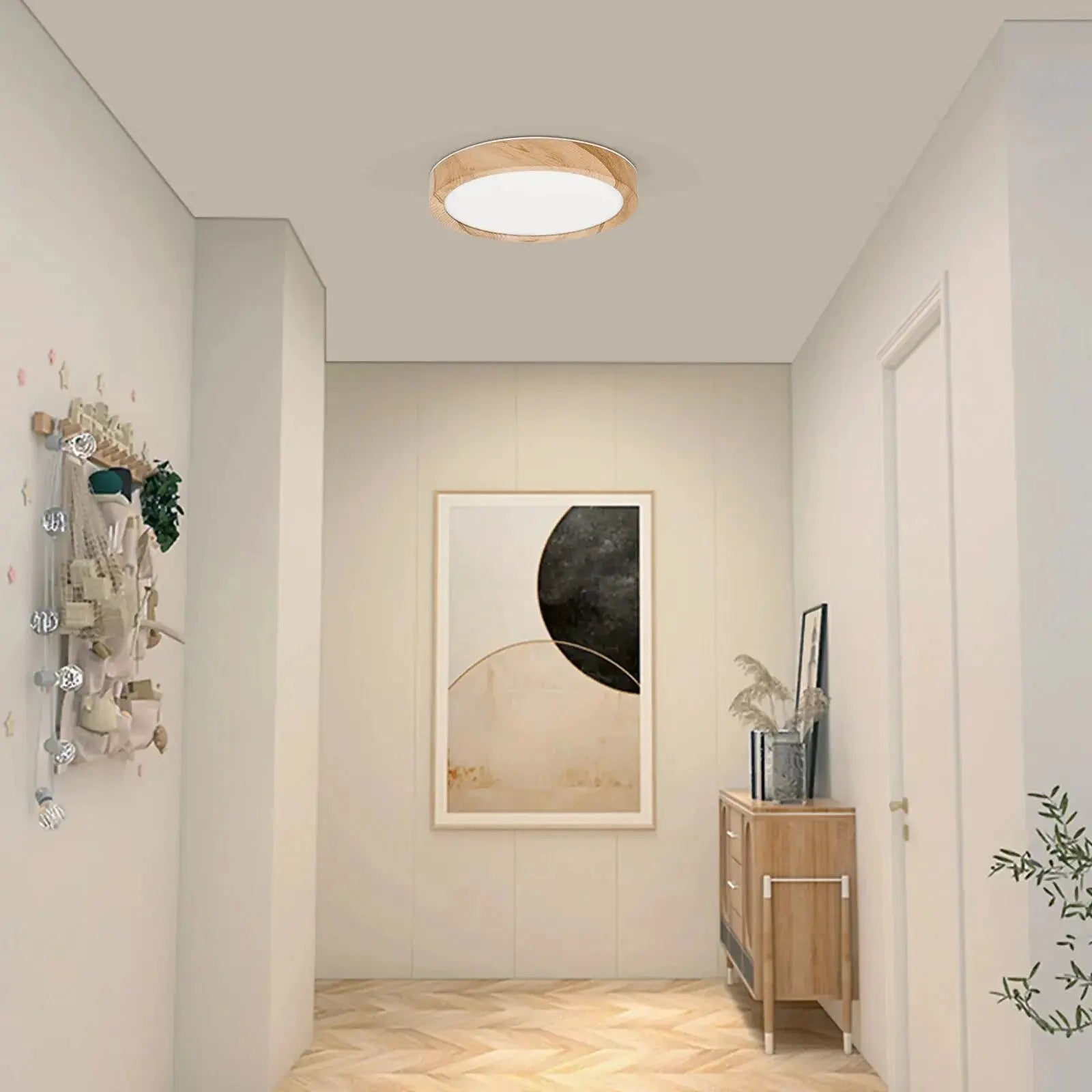 LVL LED ceiling light by Simples Market; round flush mount with wood grain frame and white diffuser