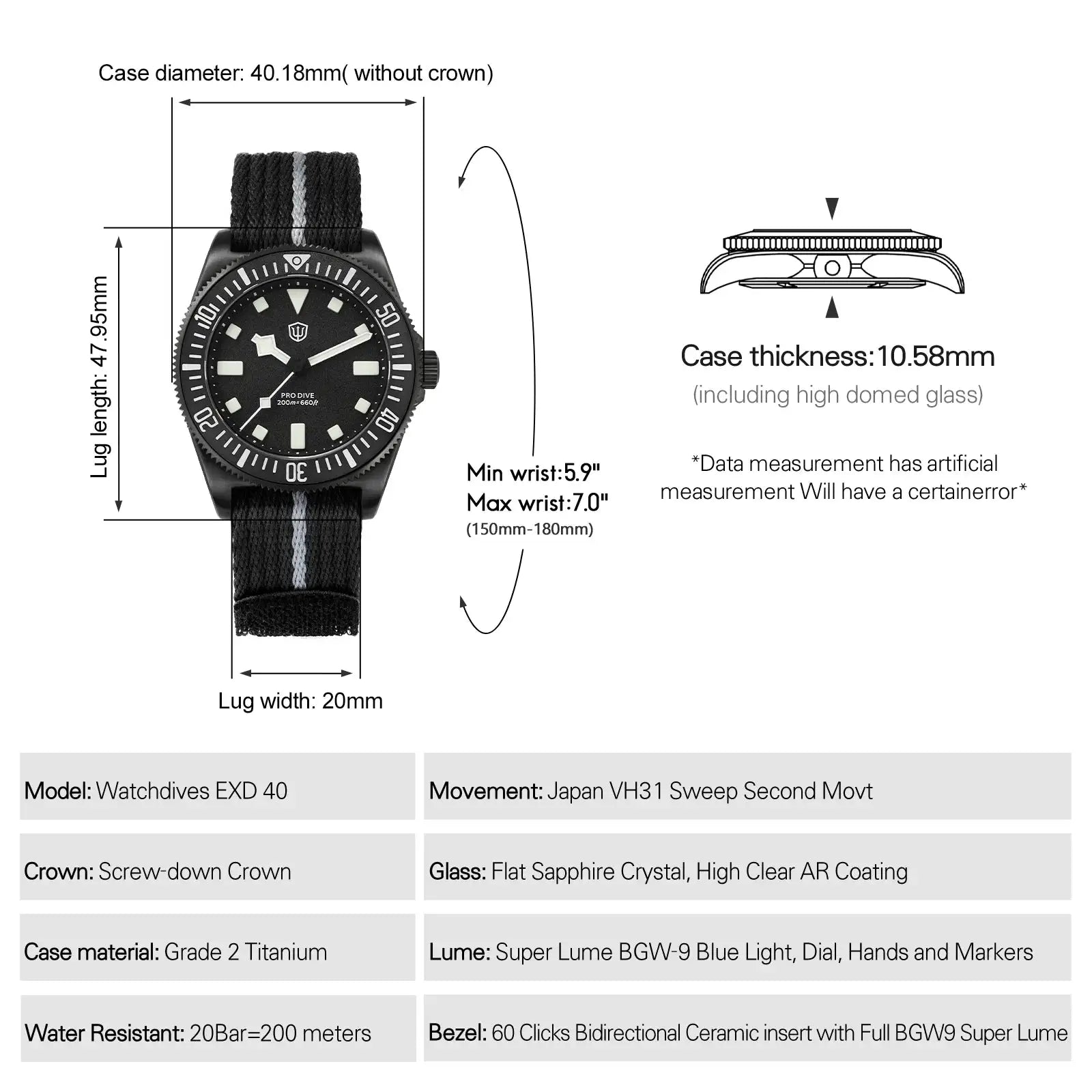 Watchdives EXD 40mm titanium dive watch by Simples Market on black fabric strap with gray stripe, 200m water resistance