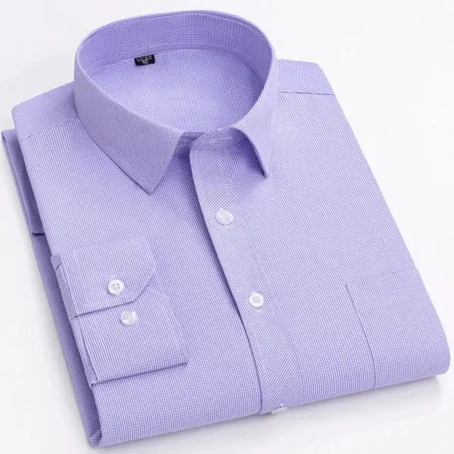 Men's lavender micro-check long-sleeve dress shirt with a single chest pocket and white buttons