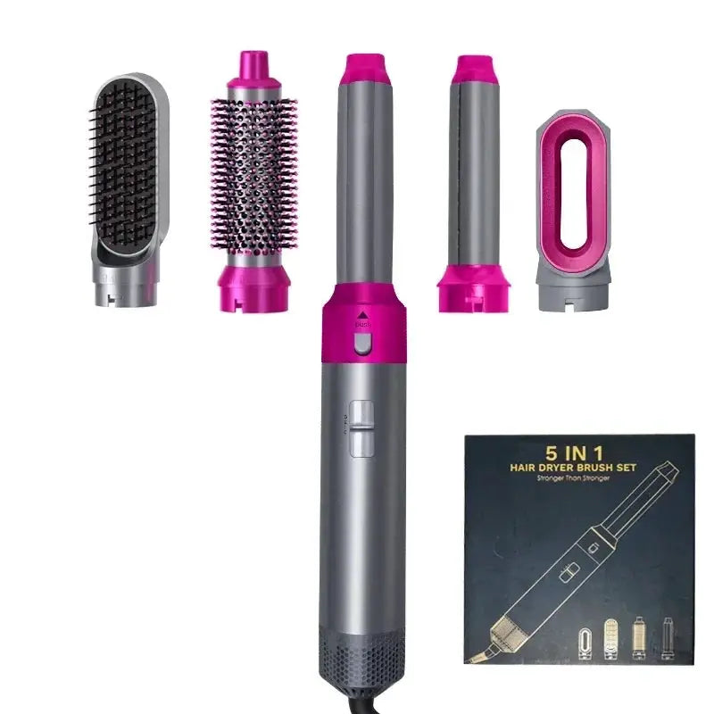 5-in-1 hair dryer brush set with pink and gray handle and 5 interchangeable attachments.