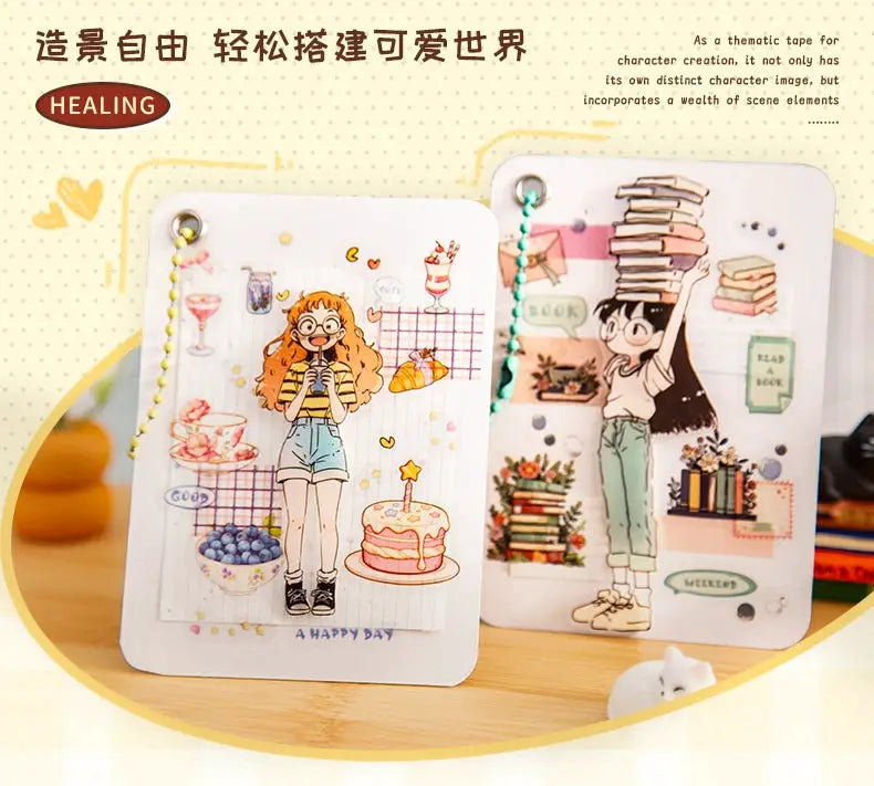 Mr Paper Washi Tape Kawaii 1 Roll, colorful character-scene PET stickers on two decorative planner cards