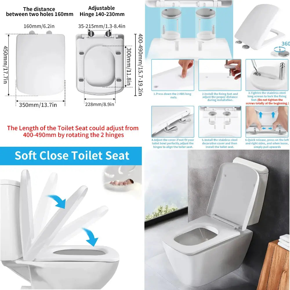 Soft Close white toilet seat with adjustable hinges by Simples Market; easy to install and clean.