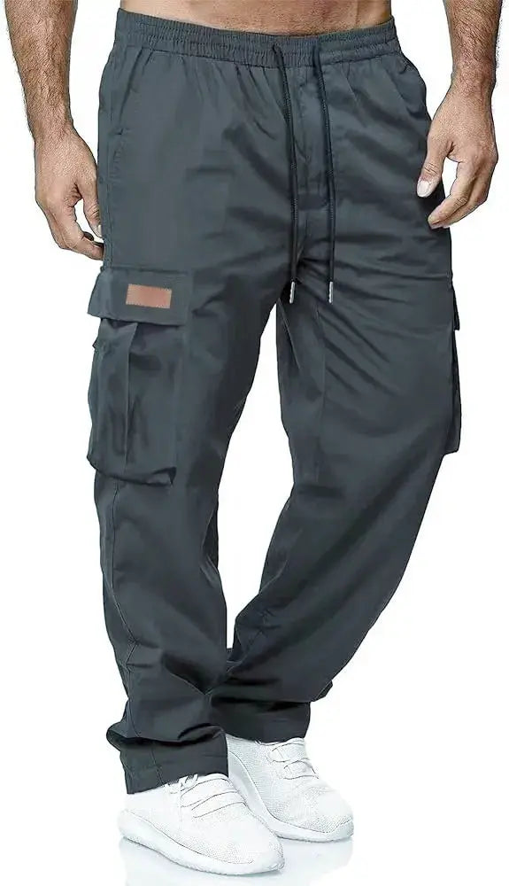 Men's cargo work pants with drawstring waist and cargo pockets, dark gray