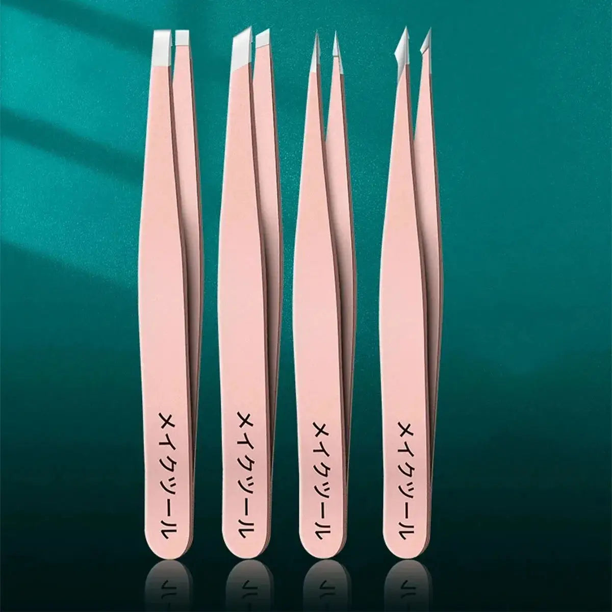 GlowGrove Four Piece Pink Tweezers Set for Eyebrows Eyelashes and Whiskers Grooming