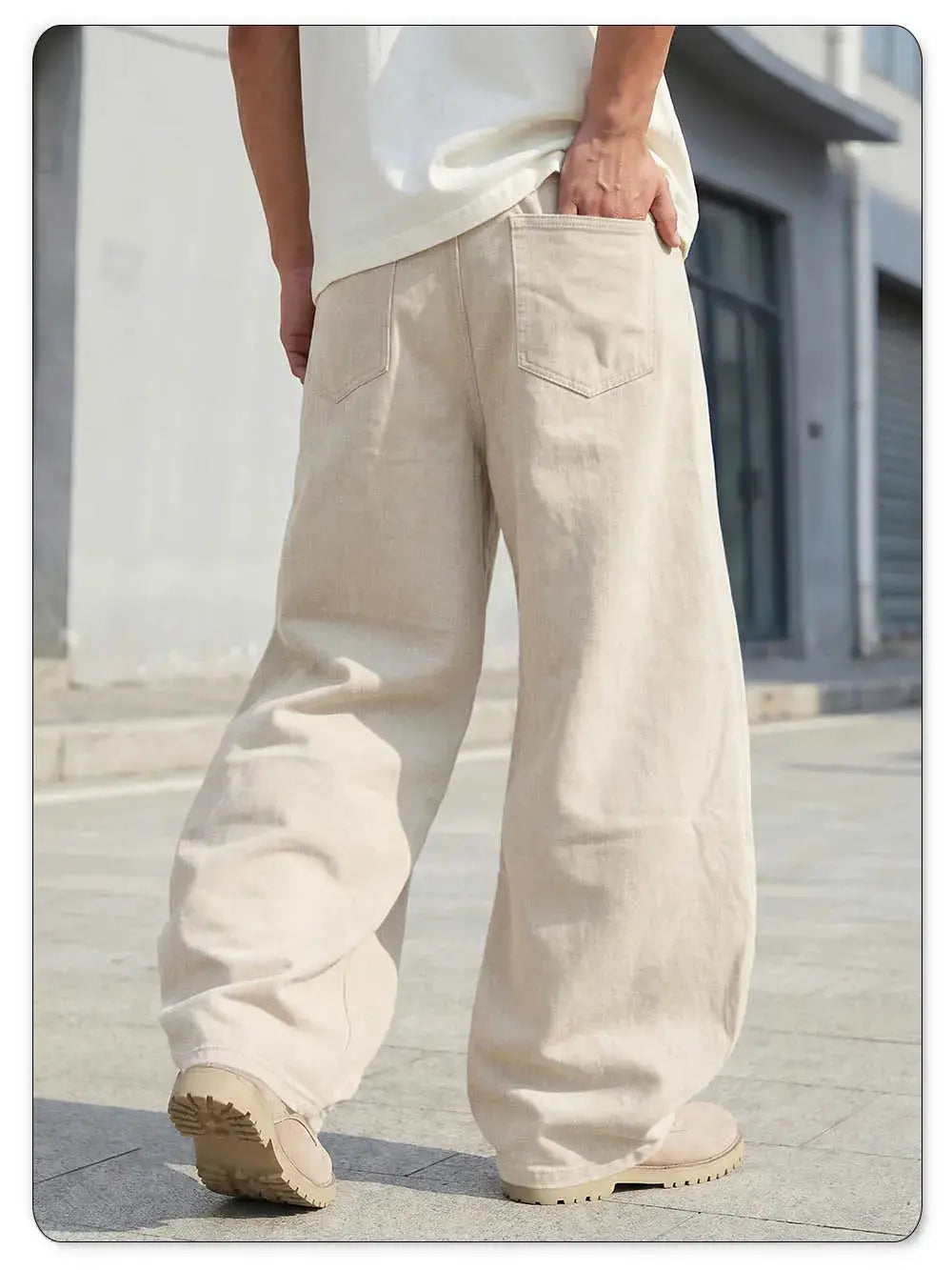 Men's beige loose wide-leg high-waisted denim jeans for streetwear and Y2K casual style