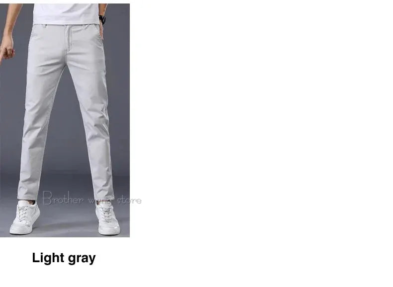 Simples Market men's light gray cotton casual pants with elastic waistband, straight slim fit long trousers.