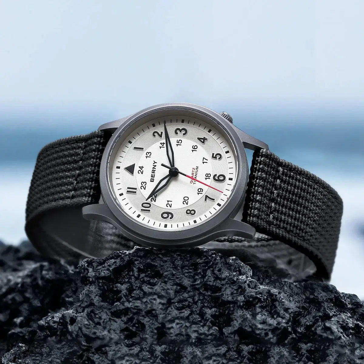 BERNY titanium men’s field watch with white easy-read dial and black nylon strap
