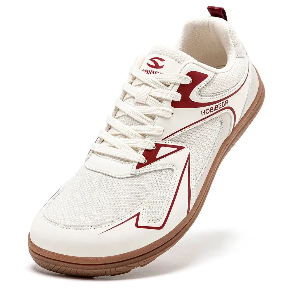 HOBIBEAR barefoot minimalist shoes, unisex white mesh running sneakers with red accents and brown gum sole.