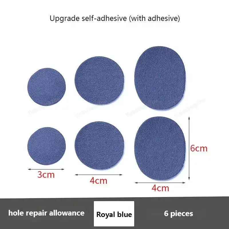 Shoe repair patches set in royal blue; 6 self-adhesive patches for heels and insoles.