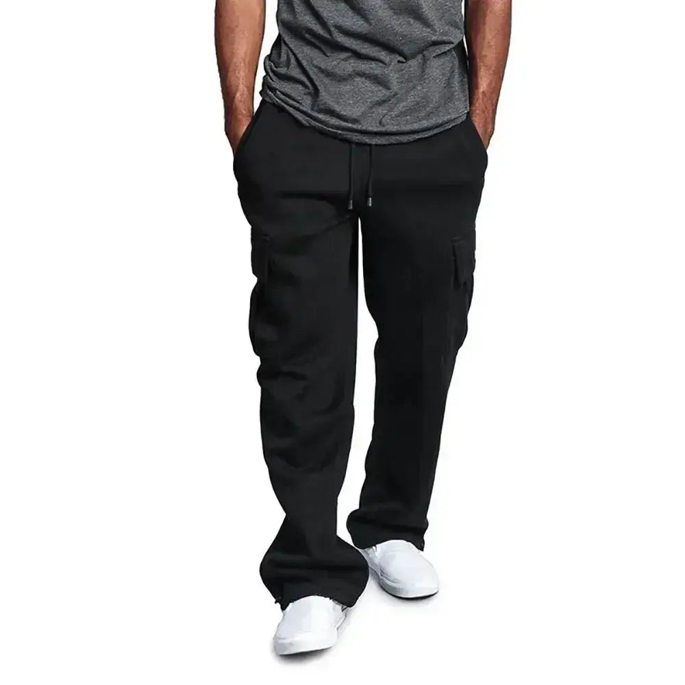 Men's black cargo sweatpants with cargo pockets and drawstring waist in a loose sport-fit jogger style.