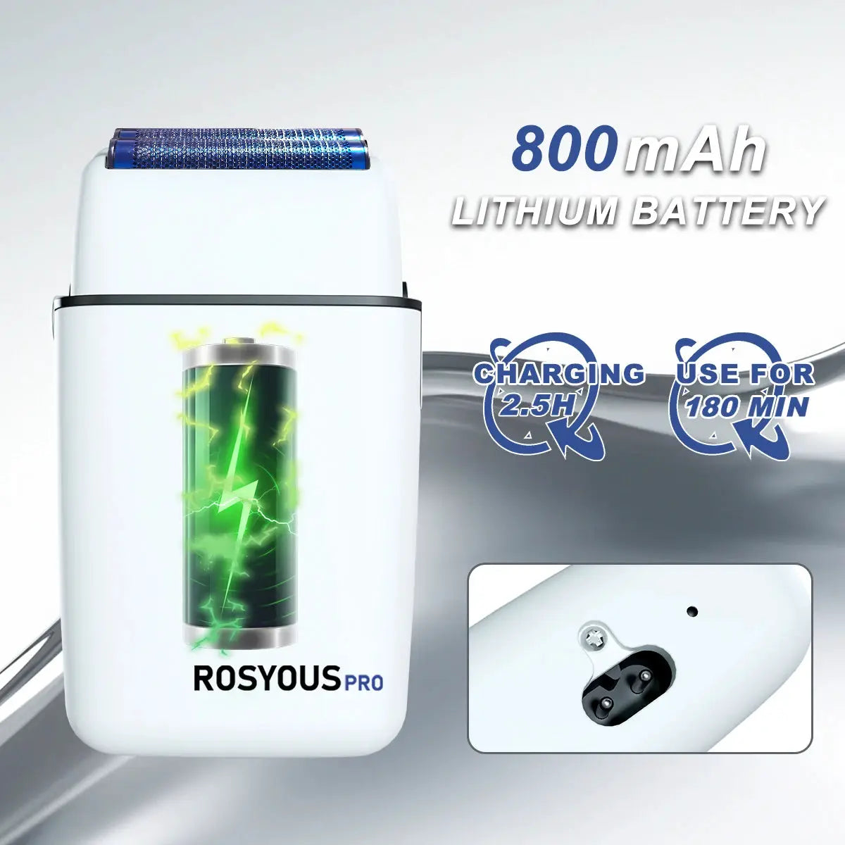 ROSYUS RS620 electric shaver with white body and blue foil head, 800mAh lithium battery