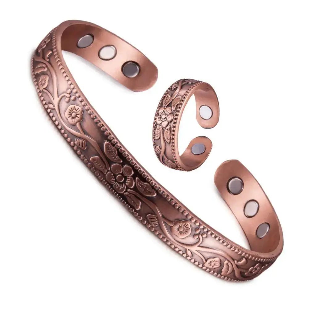 Magnetic Cuff Bracelet Vintage Flower Design Set Unisex Adjustable Zinc Alloy Antique Copper Plated - Simples Market