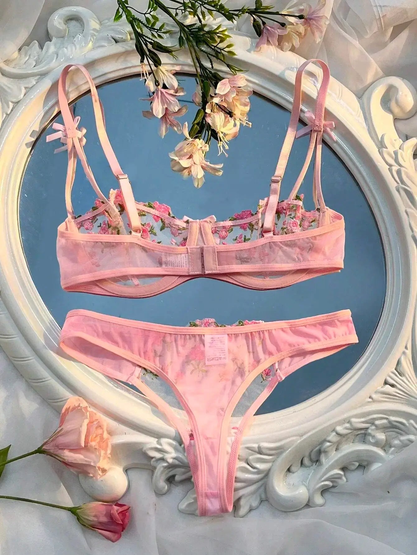 LaceLuxe Sheer Floral Lace Bra And Panty Set Wire Free Half Cup Push Up Comfort Fit