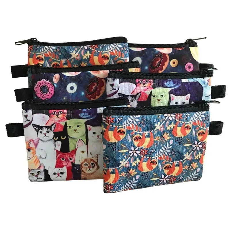 Coin purse set of five DIY customizable purses with colorful cat, donut, bird and floral prints