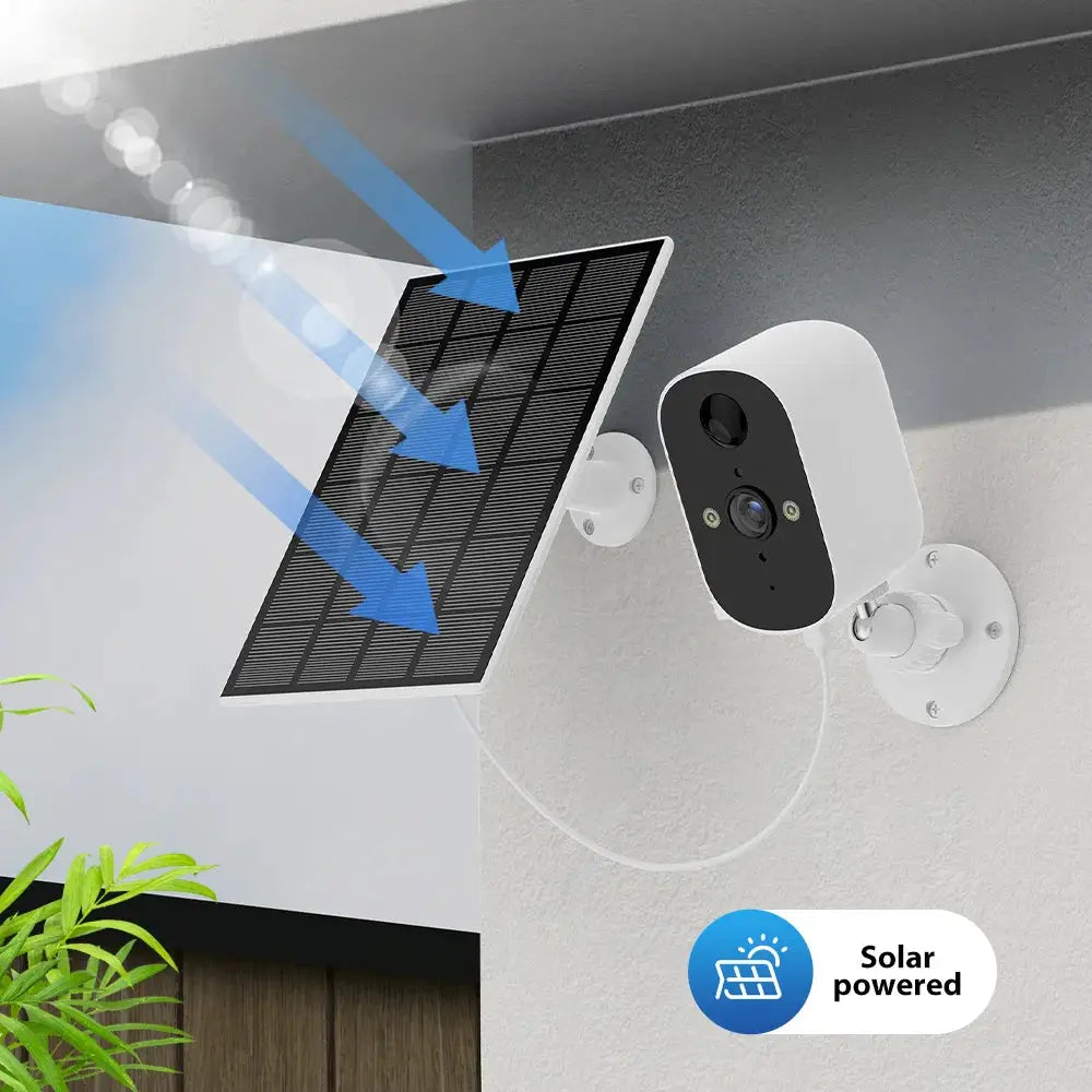 XVIM solar security camera with wall-mounted white housing and solar panel for wireless home surveillance.