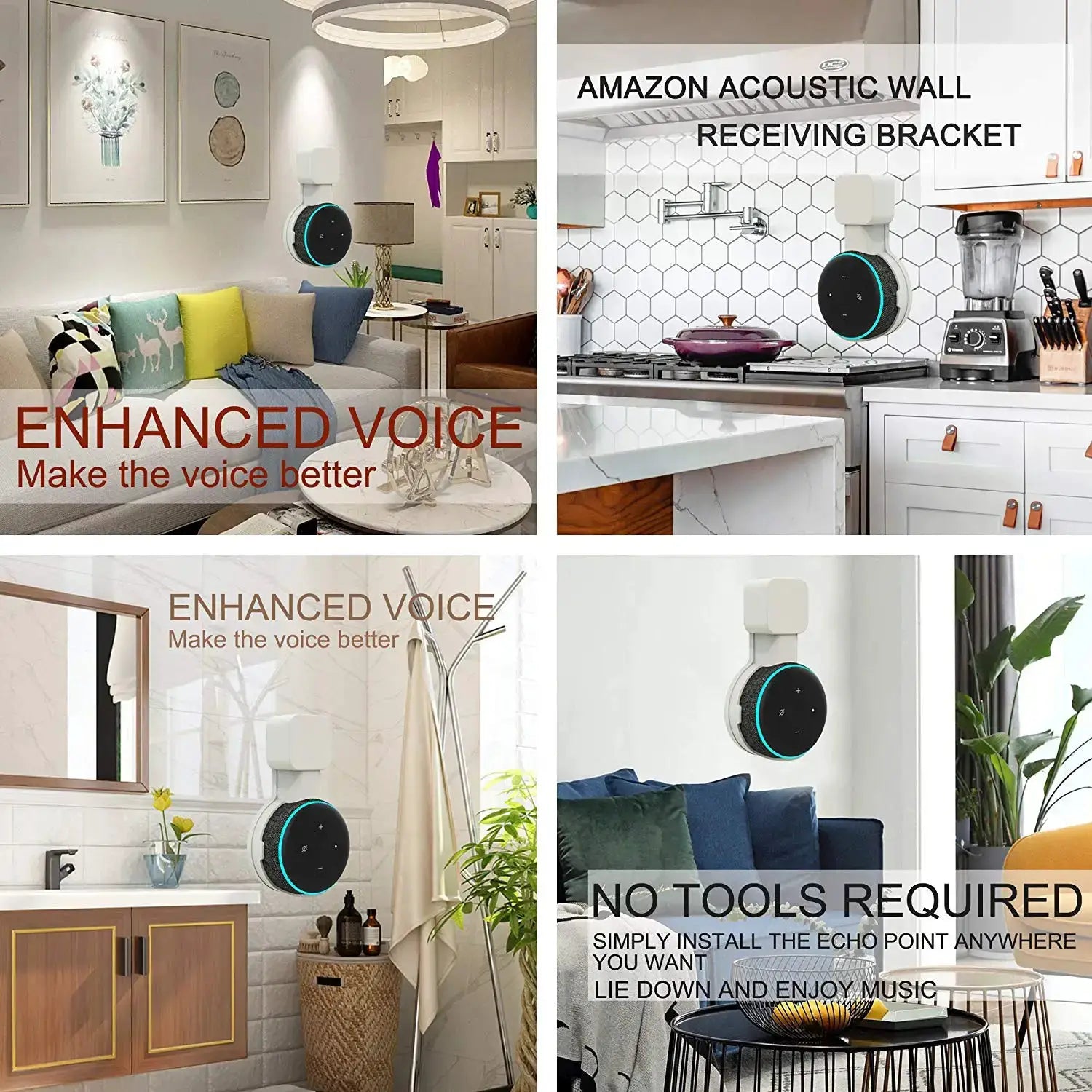Simples Market Echo Dot 3 wall mount holder, white cord-mgmt bracket for Echo Dot 3 Gen, shown in multiple rooms