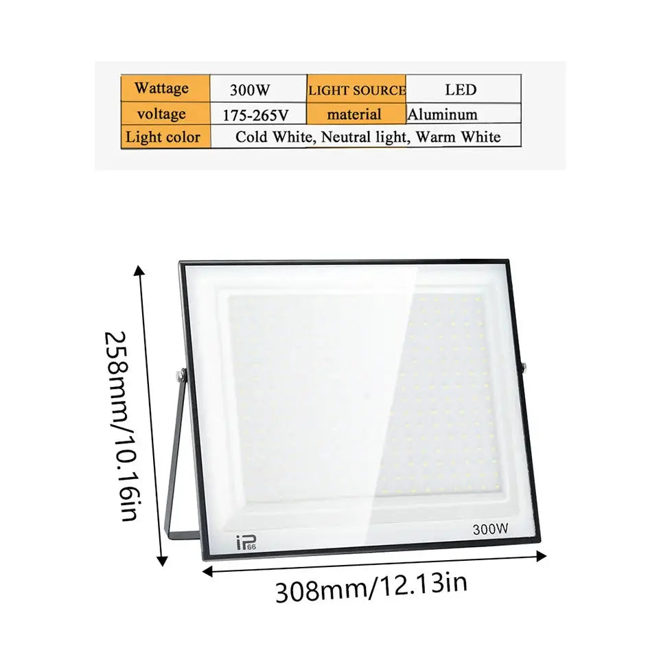 Led floodlight 300W outdoor, aluminum housing, IP65 waterproof, garden lighting