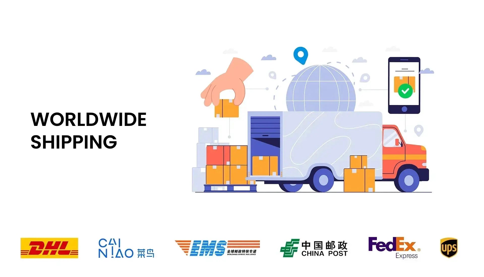 Worldwide shipping illustration featuring a red delivery truck, stacked boxes, globe, and shipping logos.