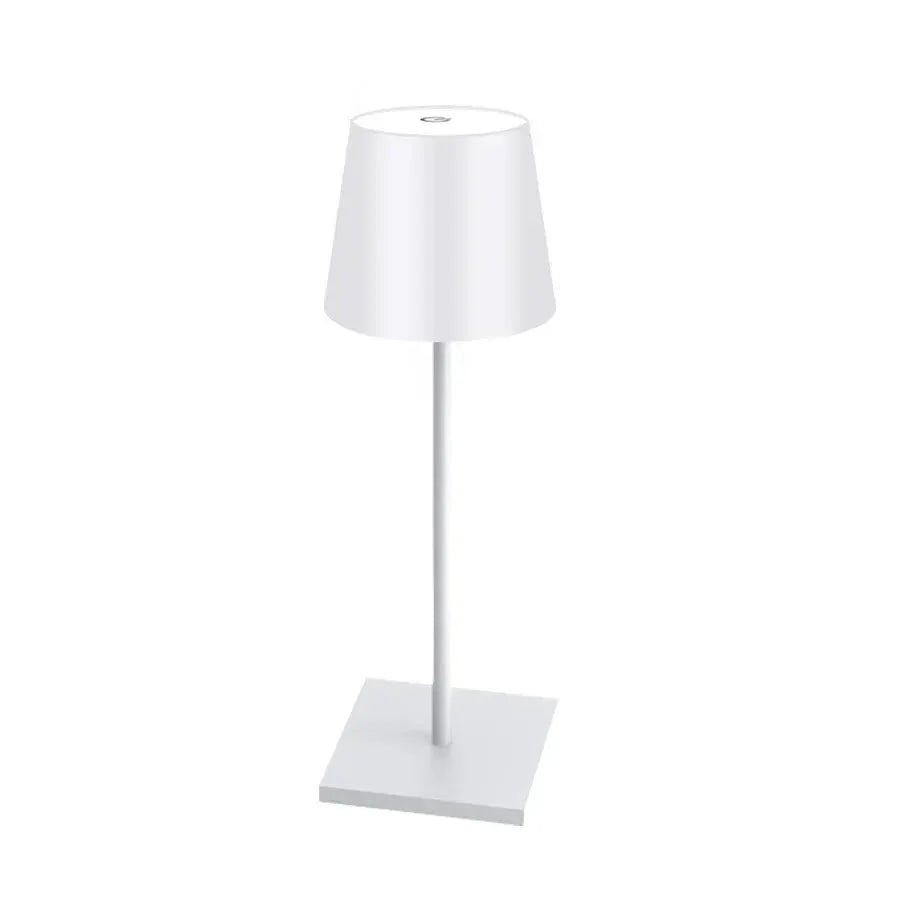 Simples Market LED desk lamp white with square base, slim stem and conical shade; touch-controlled, 3-color ambient light