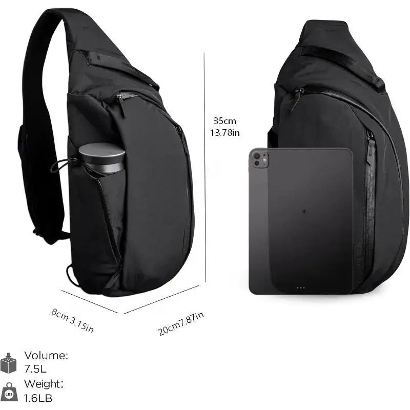 Simples Market right-shoulder chest bag, 7.5L black crossbody sling with water bottle pocket; fits 11in tablet