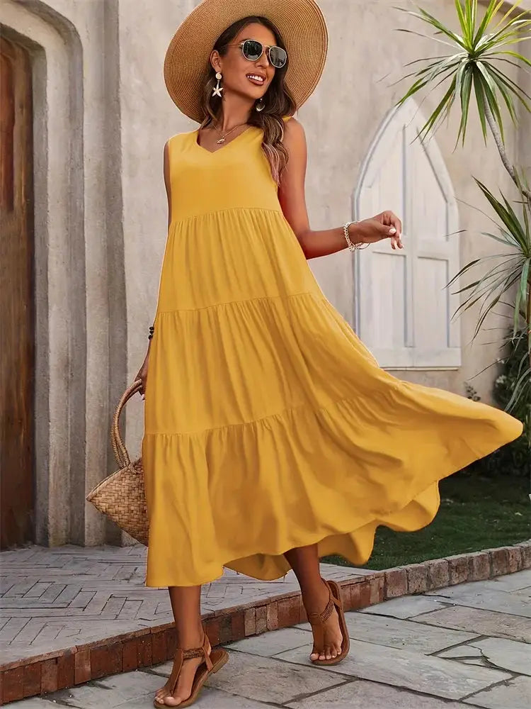Elegant Summer Dress For Women Loose A Line Midi With V Neck Casual Sophistication In Yellow And Black