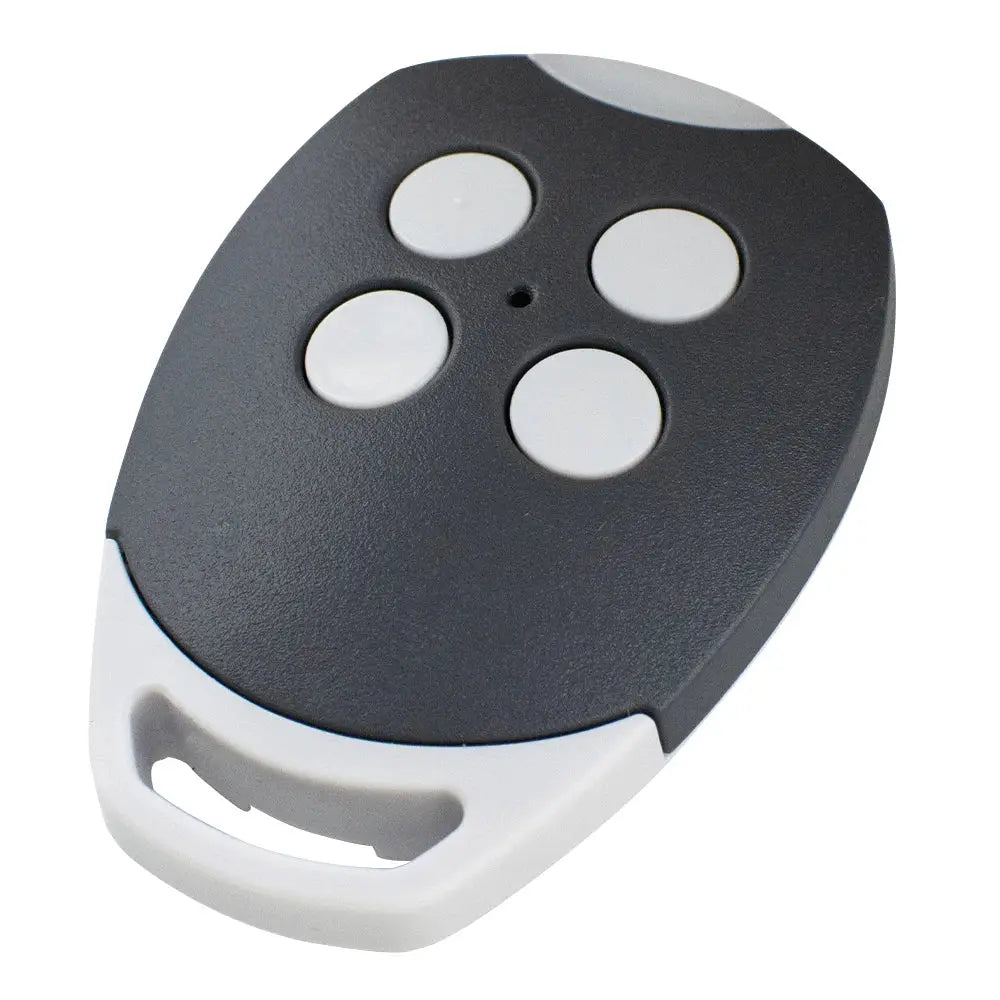 Simples Market GOL4 rolling-code remote for garage door, black top with four gray buttons and white clip