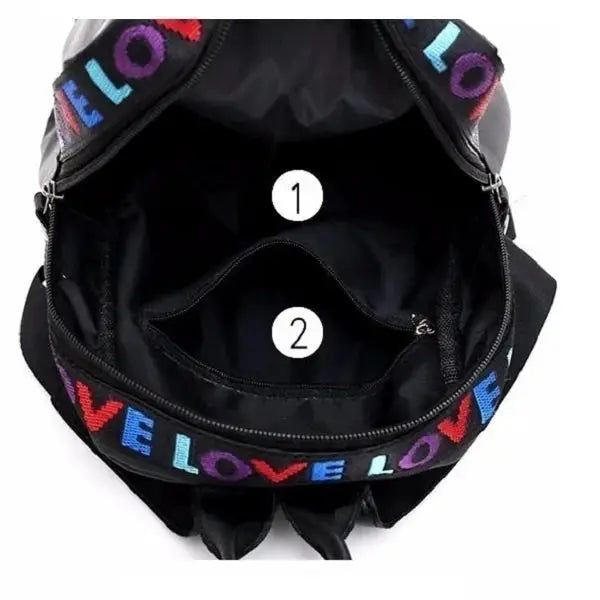 Women’s backpack by Simples Market with colorful LOVE straps and two compartments, black casual school bag