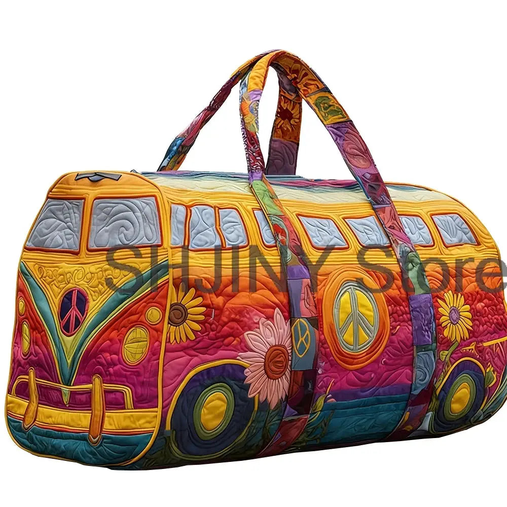 Quilted duffle bag in bright multicolor with peace symbols and flower motifs; weekend travel bag