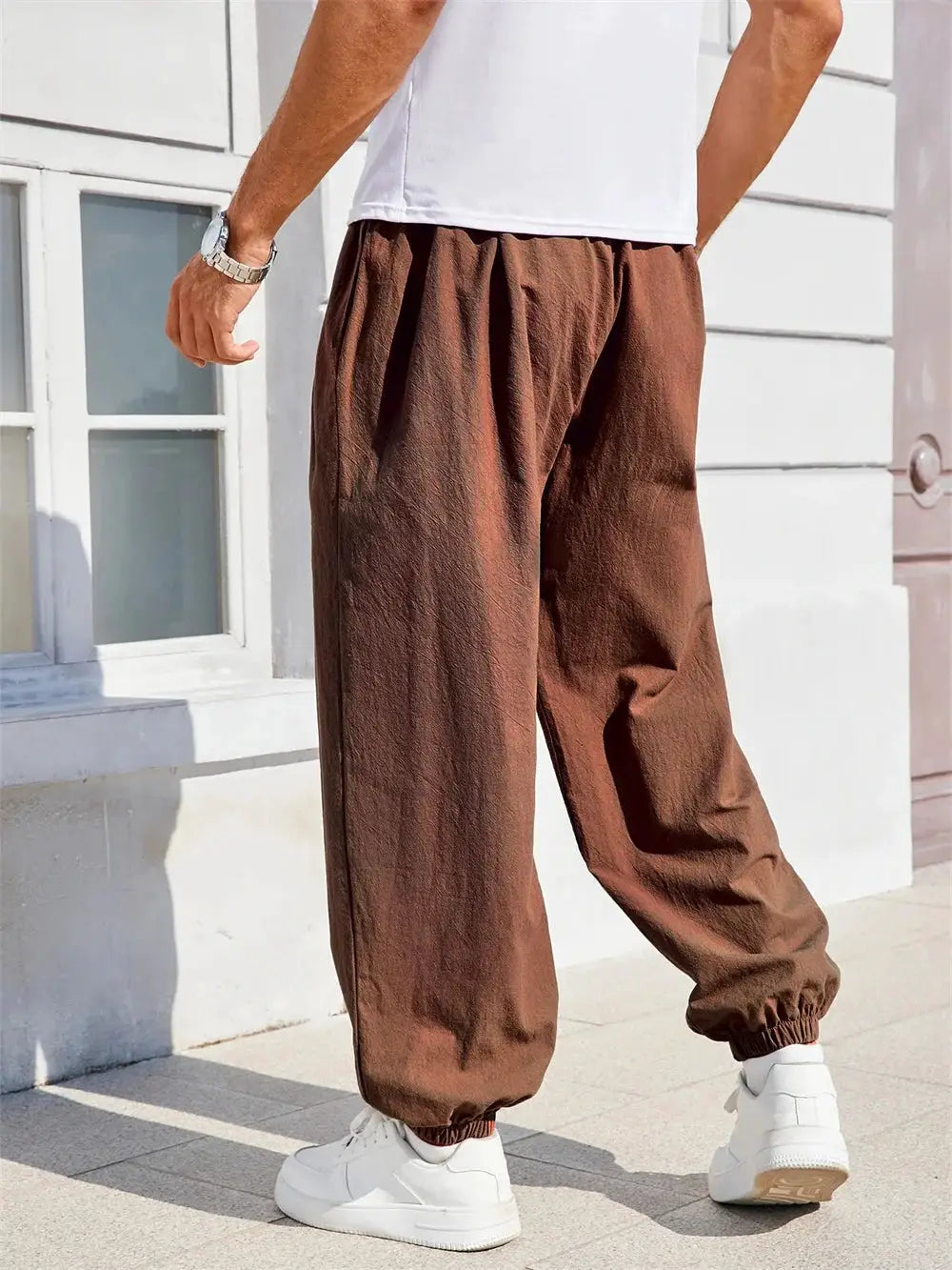 Men's harem pants, solid brown cotton-linen, loose-fit joggers with elastic cuffs for casual wear