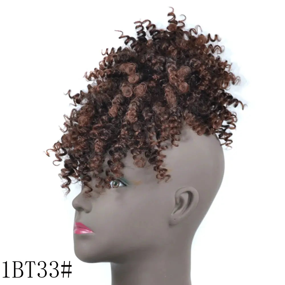 Afro Puff Updo Drawstring Ponytail with Bangs, black kinky curly synthetic hairpiece by Simples Market