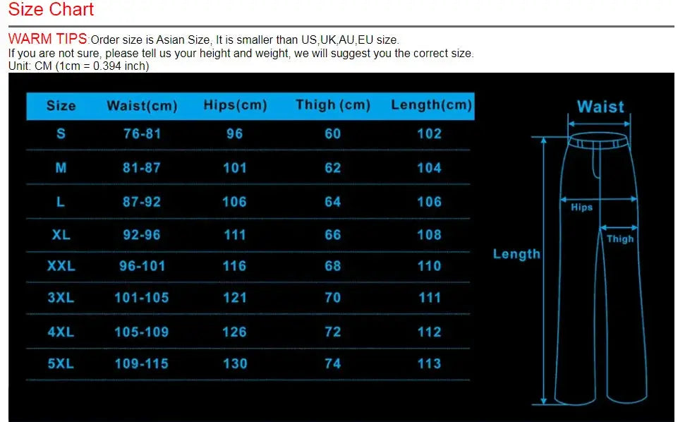 Men's Tactical Cargo Pants size chart by Simples Market showing waist, hips, thigh and length (S-5XL)