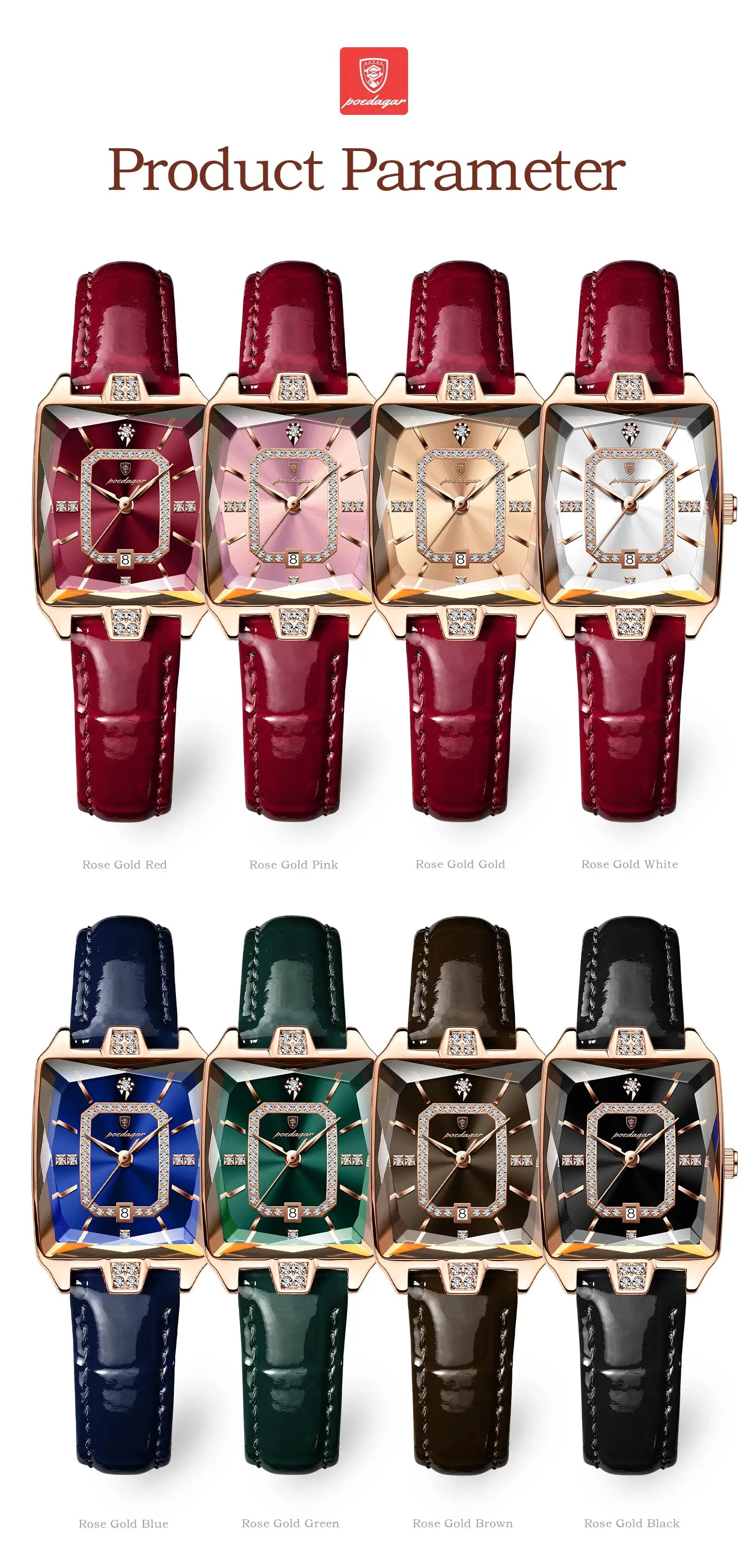 POEDAGAR luxury womens wristwatch set, 8 rose-gold watches with leather straps in red, pink, blue, green, black